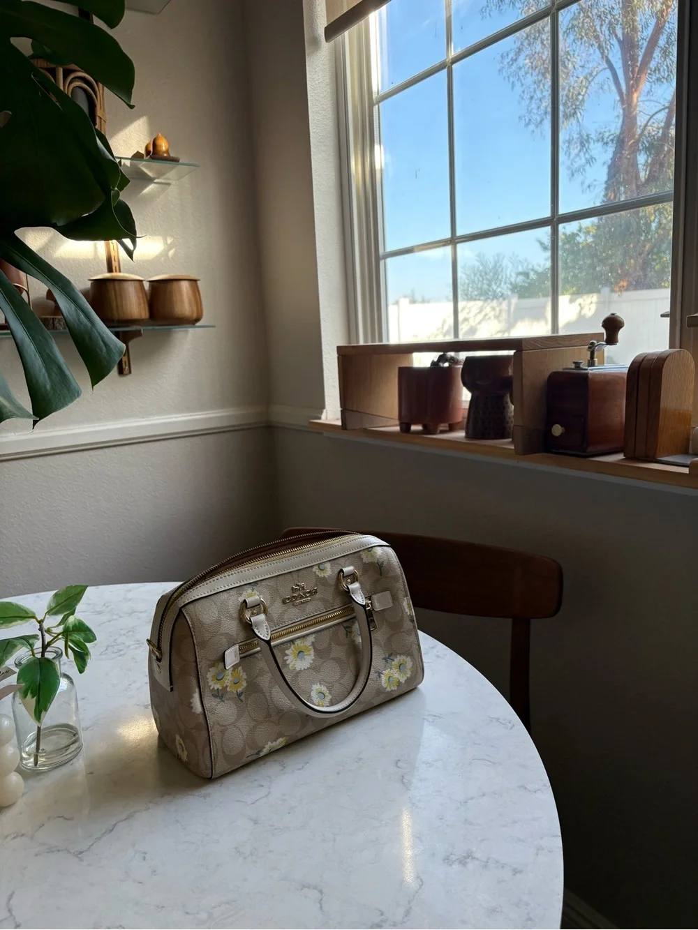 Coach Beige Floral Signature Satchel with Cream Handles